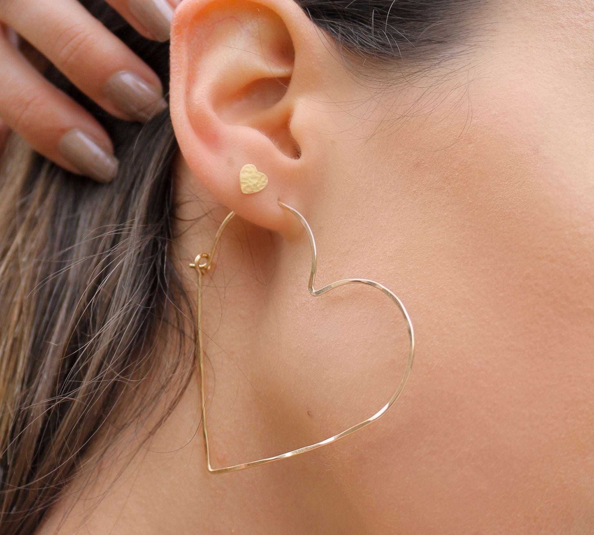 Gold Heart Hoop Earrings, shown on model