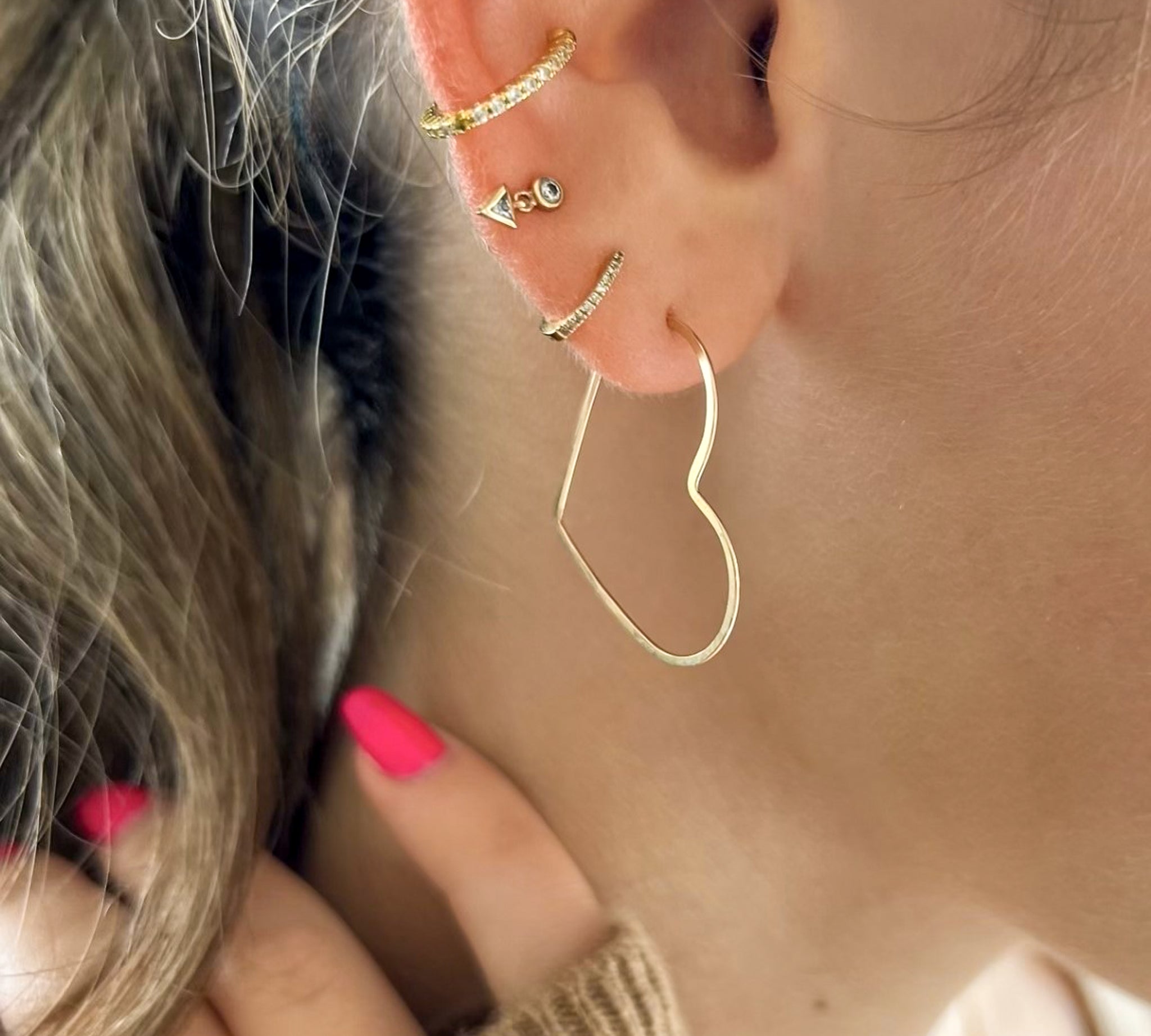 Petite Gold Heart Hoop Earrings, shown on model