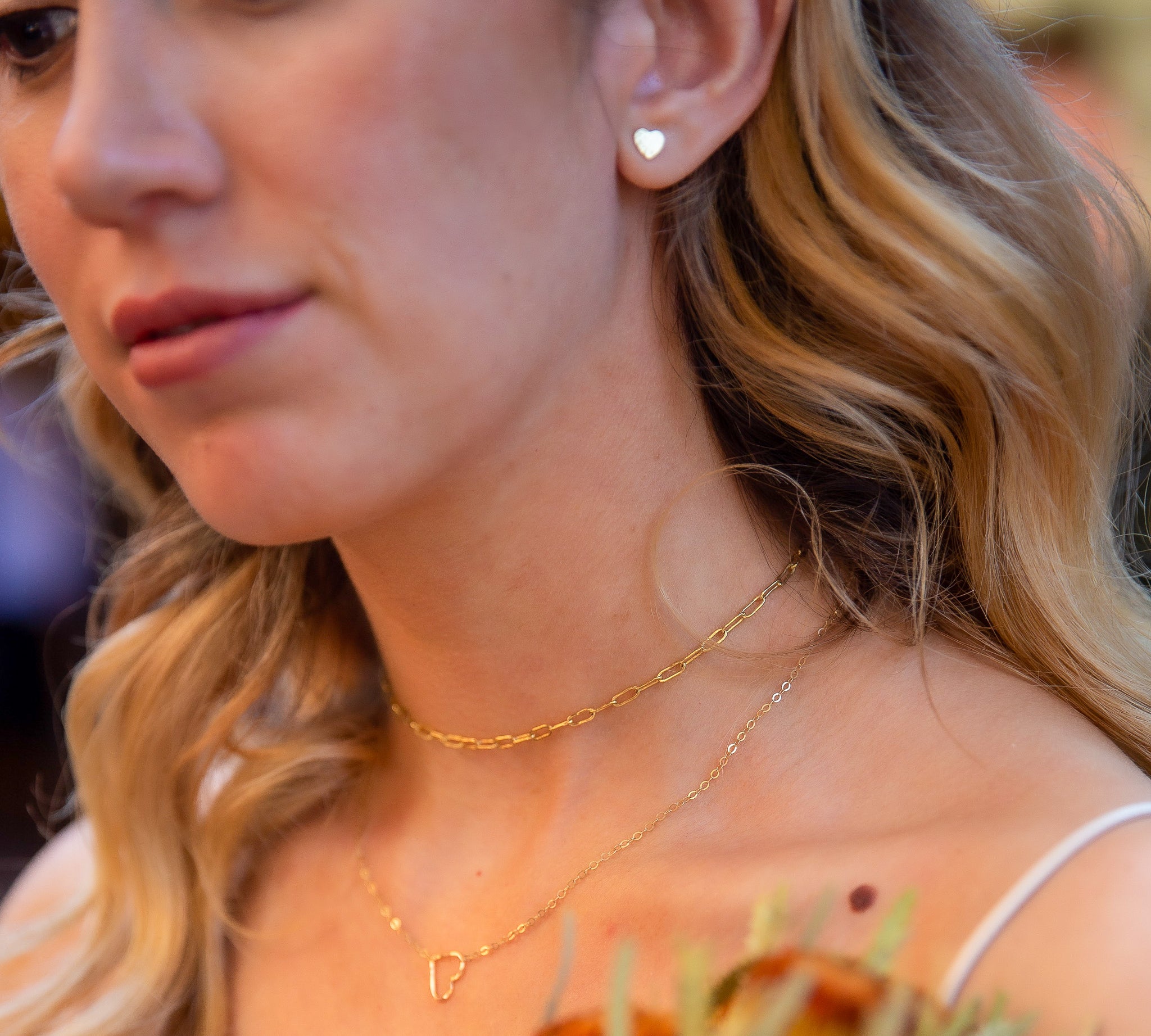Fine Jewelry Line: Tiny Heart Stud Earrings, shown on model