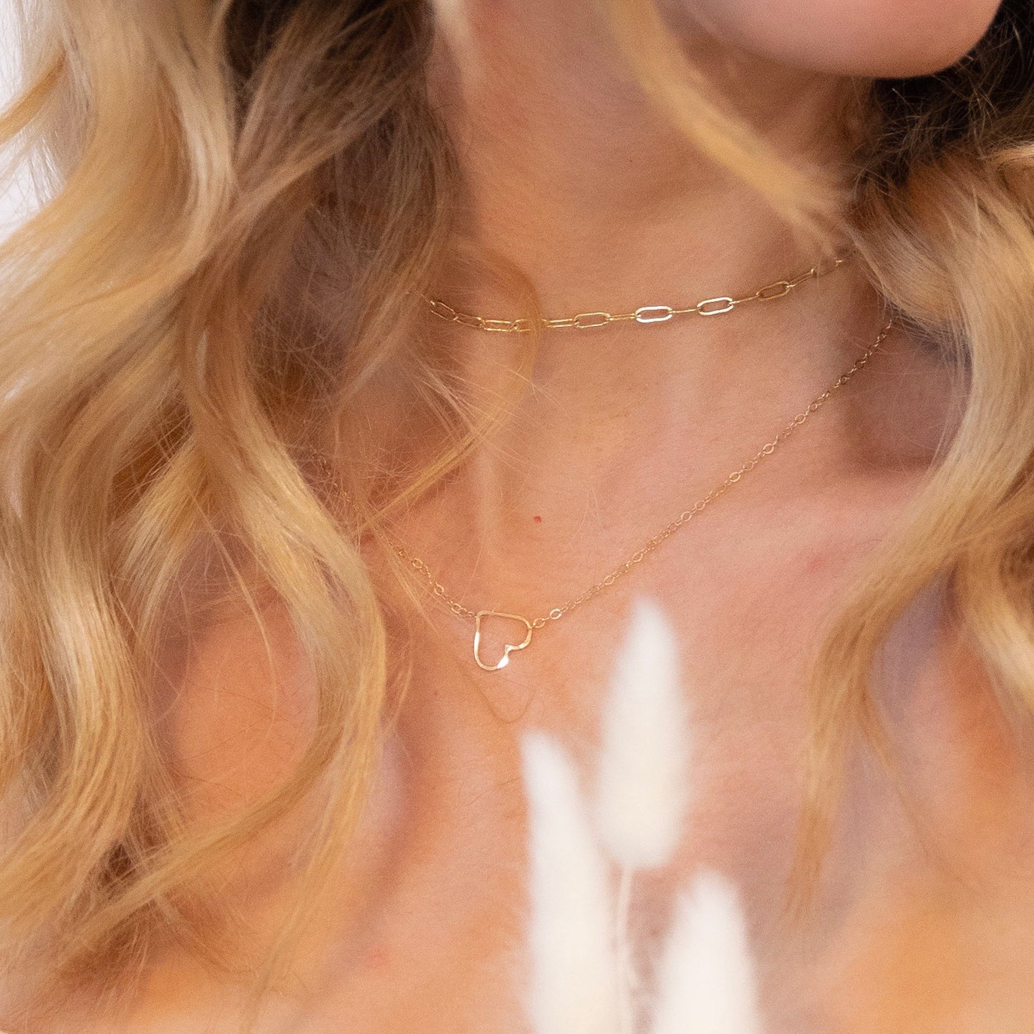 Gold Sweetheart and Charming Link Chain Necklaces, shown on model