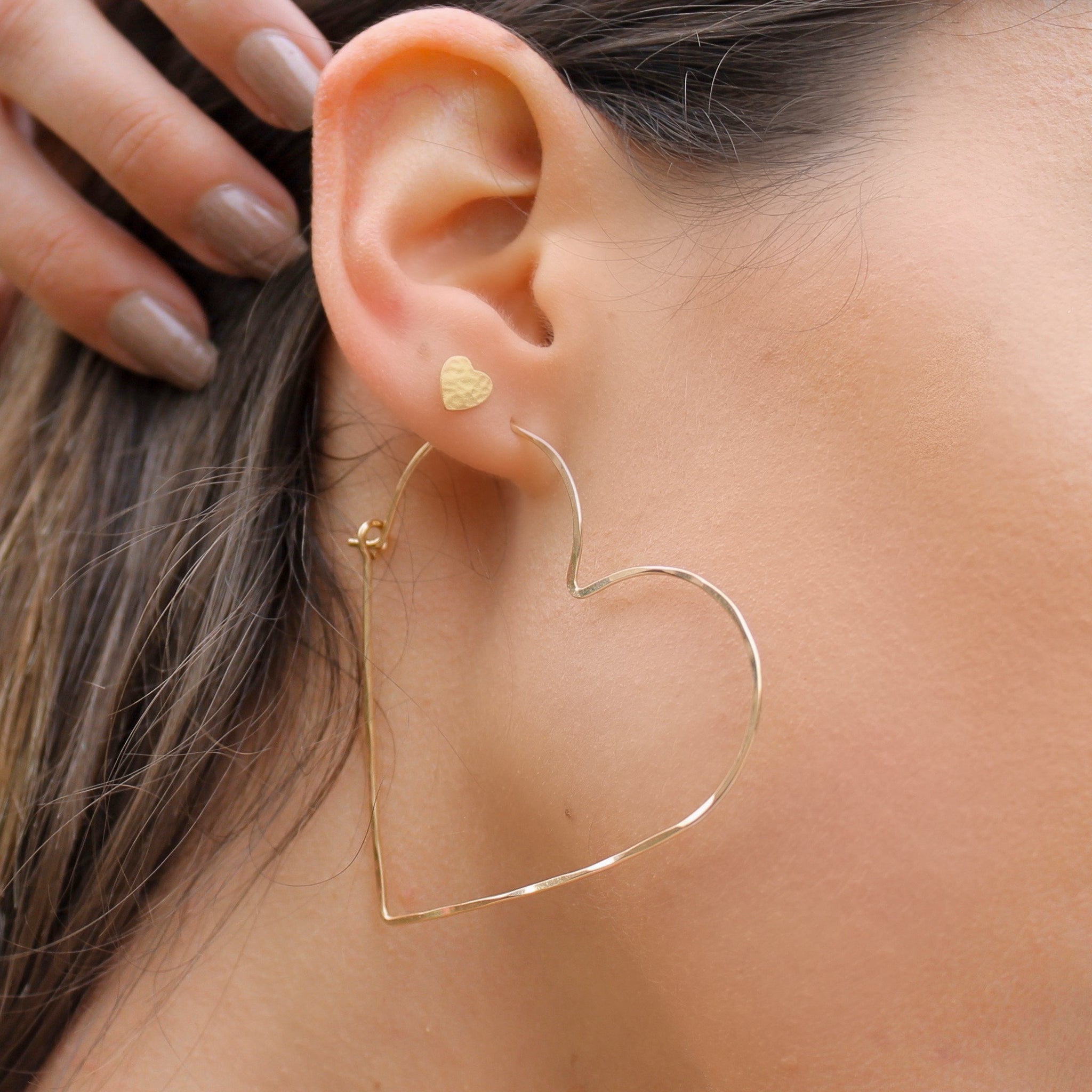 Gold Heart Hoop Earrings, shown on model