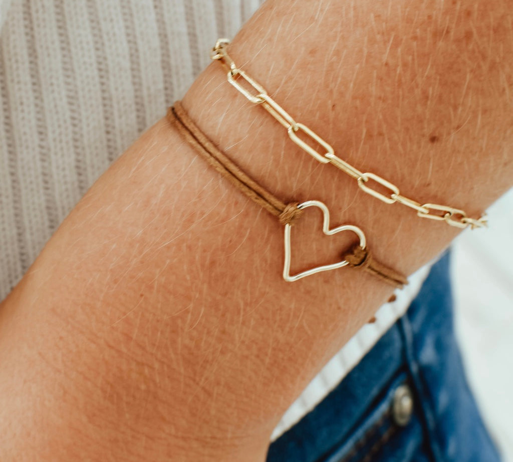 Brown 'Armed with Love' and Charming Chain Link Bracelets, shown on model