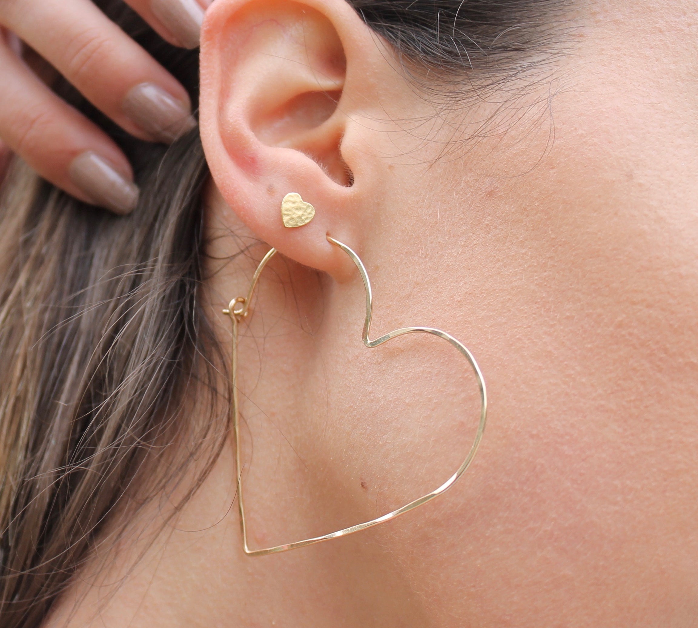 Single Gold Heart Hoop Earring, shown on model