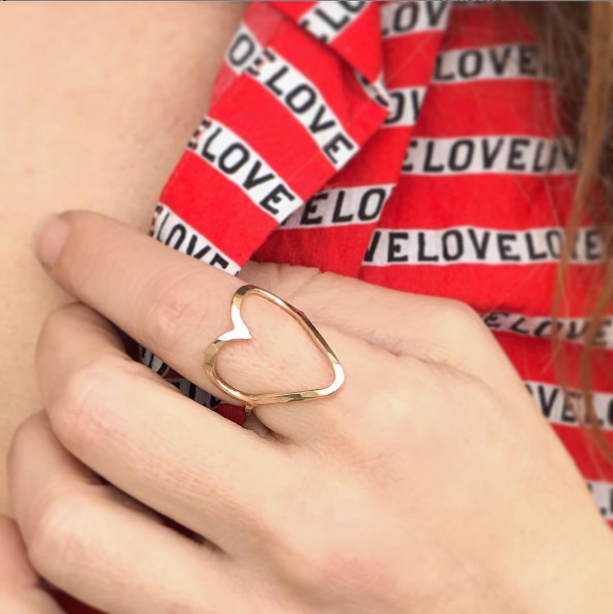 Gold Open Heart Ring, shown on model