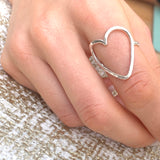 Silver Open Heart Ring, shown on model, closeup image